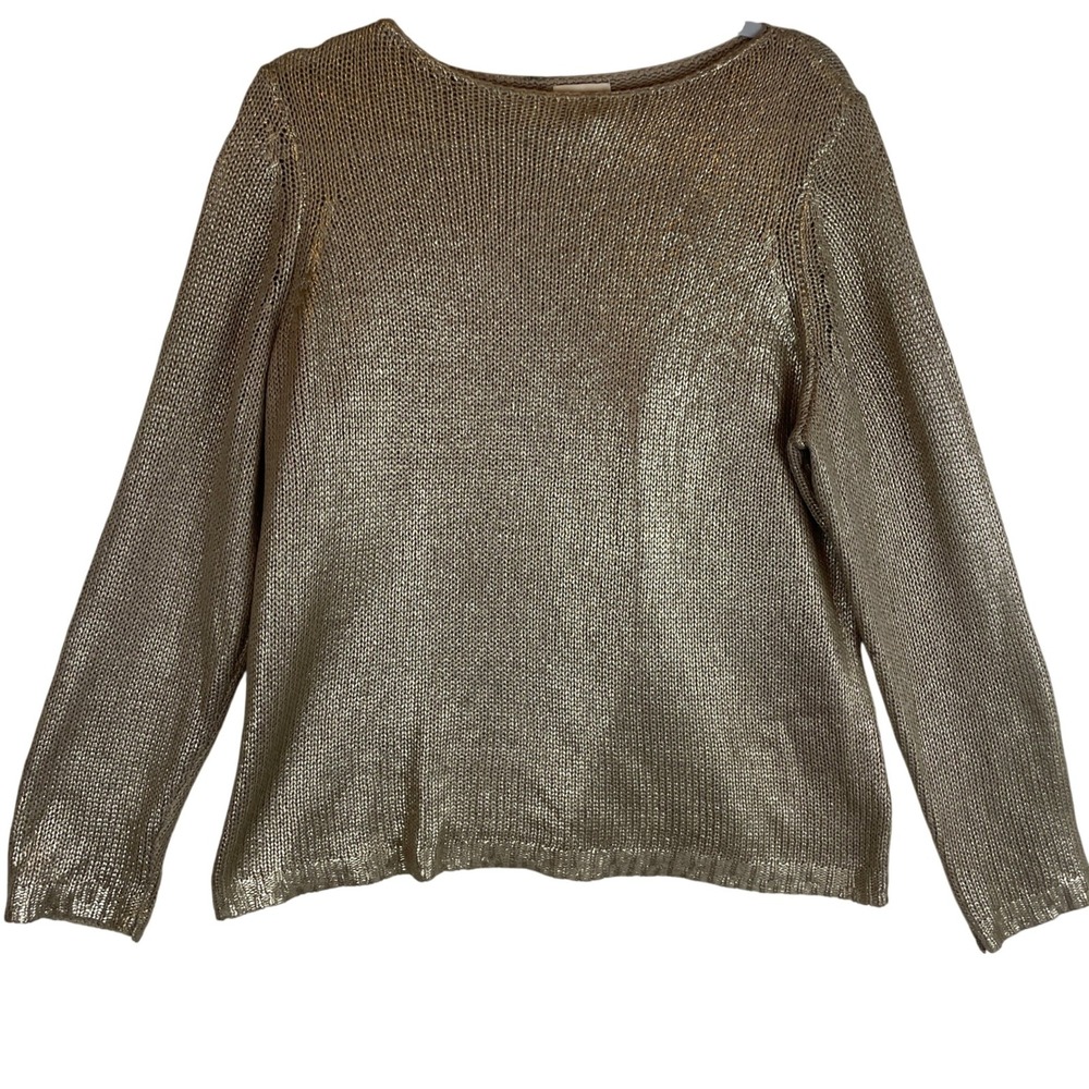 CHICOS Gold Metallic Knit Sweater Womens Size 2 Long Sleeve Boat Neck Large
